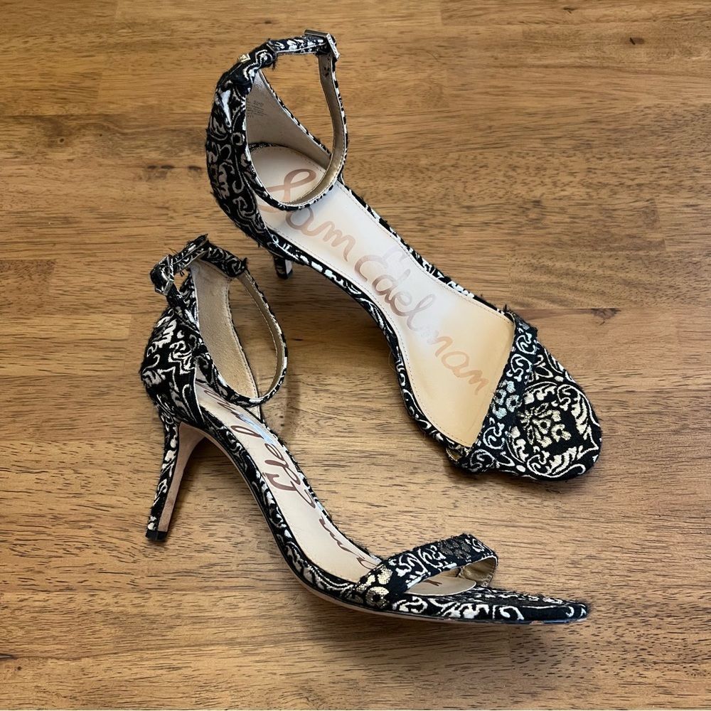 Sam Edelman Black and Cream Paisley Ankle Strap Heels